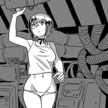 1girl alien_(1979) alien_(1979) alien_(series) breasts choker closed_mouth cosplay cowboy_shot ellen_ripley ellen_ripley_(cosplay) girls_und_panzer greyscale highres indoors kawashima_momo lowleg lowleg_panties medium_breasts monochrome monocle navel onsen_tamago_(hs_egg) panties scene_reference short_hair solo standing tank_top underwear underwear_only