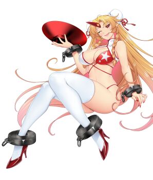 Rule 34 | 1girl, ;d, bikini, blonde hair, bound, bound ankles, bound wrists, braid, breasts, cleavage, commentary request, cuffs, cup, curtained hair, curvy, double bun, dress, fang, full body, hair bun, hair ornament, hair ribbon, hataraki kuma, high heels, holding, holding cup, horns, hoshiguma yuugi, knees together feet apart, large breasts, legs, long hair, long legs, looking at viewer, multicolored hair, one eye closed, oni, open mouth, pink hair, pointy ears, red dress, red eyes, red nails, red ribbon, red shoes, ribbon, shackles, shoes, simple background, single horn, smile, solo, star (symbol), streaked hair, string bikini, swimsuit, thighhighs, thighs, touhou, transparent background, twin braids, two-tone hair, v-shaped eyebrows, very long hair, white thighhighs