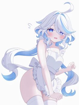 1girl absurdres ahoge alternate_costume apron blue_eyes blue_pupils blue_streaks blush breasts collarbone commentary drop-shaped_pupils frilled_apron frills fuminshou_(nekopan_art) furina_(genshin_impact) genshin_impact hair_between_eyes hand_up heterochromia highres long_hair looking_at_viewer multicolored_hair naked_apron open_mouth peanut_mouth simple_background solo streaked_hair symbol-shaped_pupils thighhighs very_long_hair white_apron white_background white_hair white_thighhighs