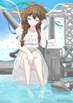 Rule 34 | 1girl, absurdres, arashigure, blue sky, braid, brown hair, cannon, closed eyes, cloud, commentary, confetti, day, dress, english commentary, frilled dress, frills, hair flaps, hair over shoulder, highres, kantai collection, long hair, outdoors, panties, pantyshot, rigging, shigure (kancolle), shigure kai san (kancolle), single braid, sky, smile, soaking feet, solo, streamers, underwear, water, white dress, white panties