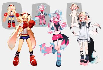 3girls absurdres ahoge animal_ears animal_hands black_bow black_bowtie black_socks blonde_hair blue_boots blue_eyes blue_hair blue_shorts boots bow bowtie boxing_gloves cat_ears cat_girl cat_tail closed_mouth cloud_(lufaeris) commentary double-parted_bangs dress english_commentary gloves grey_background hair_between_eyes hairband highres looking_at_viewer midriff miniskirt multicolored_hair multiple_girls navel open_mouth original paw_gloves pink_hair pink_shoes pink_skirt purple_eyes rabbit_ears rabbit_girl red_hairband red_shoes shoes short_hair short_shorts shorts skirt socks tail two-tone_hair white_dress wings