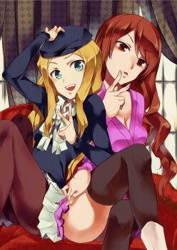 2girls :d arm_up beret black_hat black_thighhighs blonde_hair blue_eyes boots breasts brown_eyes brown_hair brown_pantyhose cleavage collared_shirt commentary_request dress feet_out_of_frame frenda_seivelun hand_up hands_up hat head_tilt inomata_mamoru long_hair long_sidelocks long_sleeves looking_at_viewer medium_breasts miniskirt misleading_thumbnail mugino_shizuri multiple_girls open_mouth pantyhose parted_lips partial_commentary pleated_skirt purple_dress shirt short_dress sidelocks sitting skirt smile teeth thigh_boots thighhighs thighs toaru_kagaku_no_railgun toaru_kagaku_no_railgun_s toaru_majutsu_no_index upper_teeth_only v wavy_hair white_boots white_skirt