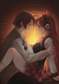 absurdres akame_ga_kill! backlighting black_pants black_vest blush breasts brown_eyes brown_hair brown_vest butterfly_hair_ornament character_request closed_mouth commission eye_contact fire fireplace from_side ghhoward hair_ornament hand_on_another&#039;s_arm hand_on_another&#039;s_chest headphones hetero highres indoors kneehighs long_hair long_sleeves looking_at_another medium_breasts miniskirt pants pixiv_commission plaid_clothes plaid_skirt profile red_eyes red_hair red_skirt shirt short_hair sitting skirt smile socks tatsumi_(akame_ga_kill!) very_long_hair vest white_shirt white_socks