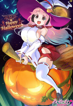1girl anime-tamae!_tensei_no_miko bare_shoulders bat_(animal) bilingual_commentary black_shoes breasts broom broom_riding clothing_cutout commentary copyright_name detached_sleeves english_commentary flying hakama hakama_short_skirt hakama_skirt halloween halloween_costume happy_halloween hat headphones highres hip_vent holding holding_broom huge_breasts jack-o&#039;-lantern japanese_clothes kosode kotobuki_shinka legs long_hair looking_at_viewer miko miniskirt mixed-language_commentary moon night night_sky nontraditional_miko open_mouth pink_hair rebis red_hakama shiny_skin shoes sideboob skirt sky sleeveless smile solo star_(sky) starry_sky thighhighs thighs torii white_hat white_thighhighs wide_sleeves witch witch_hat yellow_moon