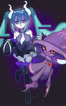 1girl 1other absurdres aqua_hair black_thighhighs breasts detached_sleeves gen_4_pokemon ghost_girl ghost_miku_(project_voltage) ghost_pose glitch hair_between_eyes hair_ornament hat hatsune_miku highres long_hair long_sleeves looking_at_viewer medium_breasts mismagius nintendo official_alternate_costume official_alternate_hairstyle pokemon pokemon_(creature) project_voltage thighhighs twintails very_long_hair vocaloid witch_hat yellow_eyes yukipom0517