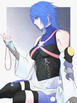 1girl aqua_(kingdom_hearts) bare_shoulders black_thighhighs blue_eyes blue_hair border breasts chest_strap cowboy_shot detached_sleeves fingerless_gloves gloves grey_background hair_between_eyes highres holding holding_jewelry holding_necklace jewelry kingdom_hearts kingdom_hearts_birth_by_sleep lux_spei medium_breasts medium_hair necklace sitting solo thighhighs white_border