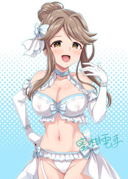 1girl :d bikini bow breasts brown_hair dan_(orange_train) elbow_gloves garter_belt gloves hair_bow hair_bun hand_on_own_hip idolmaster idolmaster_million_live! idolmaster_million_live!_theater_days looking_at_viewer medium_breasts navel open_mouth short_hair_with_long_locks smile solo standing stomach swimsuit tenkuubashi_tomoka white_bikini white_bow white_gloves