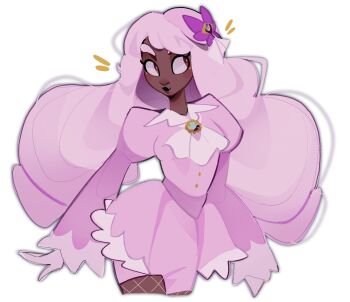 1girl ascot brooch commentary cropped_legs dark-skinned_female dark_skin dress fascinator fishnet_pantyhose fishnets frilled_ascot frills gloves highres jacinthe_(pokemon) jewelry juliet_sleeves long_sleeves looking_to_the_side low_drills nintendo notice_lines pantyhose pokemon pokemon_legends:_z-a puffy_sleeves purple_dress purple_eyes purple_hair smile symbol-only_commentary tamii_(tampokedex) very_dark_skin white_gloves