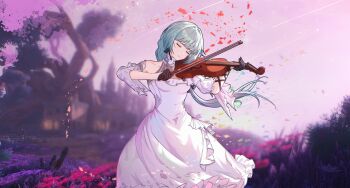 Rule 34 | 1girl, absurdres, bare shoulders, black gloves, blurry, blurry background, closed eyes, closed mouth, commentary, dress, gloves, grey hair, gruisin, highres, instrument, long dress, long hair, music, outdoors, phrolova (wuthering waves), pink sky, playing instrument, sky, solo, violin, white dress, wuthering waves
