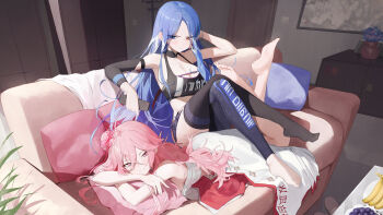 2girls absurdres arunka_(epic_seven) bare_arms bare_shoulders barefoot black_thighhighs blue_eyes blue_hair blush boss_arunka_(epic_seven) breasts chest_sarashi cleavage controller couch crossed_legs epic_seven full_body hair_between_eyes hair_bun heterochromia highres holding holding_remote_control indoors large_breasts legs_up light_smile long_hair long_sidelocks looking_at_viewer lying multicolored_skirt multiple_girls on_couch on_stomach peira_(epic_seven) pillow pink_hair re_naya red_skirt remote_control sarashi sidelocks single_bare_foot single_hair_bun single_side_bun sitting skirt sports_bra thighhighs thighs two-tone_skirt white_skirt yellow_eyes