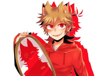 1boy animal_ears animated animated_gif animification bandage_on_face bandages brown_hair cat_ears commentary copycat_(vocaloid) edd_(eddsworld) eddsworld english_commentary green_eyes hair_ears holding holding_mirror hollow_eyes hood hood_down hoodie kemonomimi_mode looking_at_viewer male_focus matt_(eddsworld) mirror molechan open_mouth parody purple_eyes red_eyes red_hoodie short_hair silhouette simple_background smile solo tom_(eddsworld) tord_(eddsworld) upper_body white_background