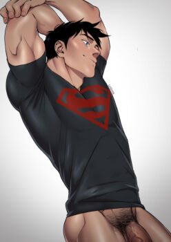 1boy absurdres arms_behind_back artist_name bara biceps black_hair black_shirt blue_eyes dc_comics flaccid highres kon-el large_pectorals male_focus male_pubic_hair muscular muscular_male naked_shirt nude pectorals penis pubic_hair shirt short_hair smile solo superboy suyohara young_justice