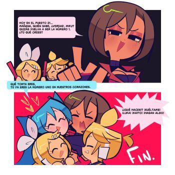 1boy 3girls :3 aqua_hair black_background black_sailor_collar blonde_hair breasts brown_hair cleavage closed_eyes crop_top eyeshadow group_hug hair_between_eyes hair_ribbon hatsune_miku headphones hug index_finger_raised kagamine_len kagamine_rin large_breasts long_hair makeup meiko_(vocaloid) mob_face multiple_girls open_mouth ponytail rainelyn00 red_background red_eyeshadow ribbon sailor_collar short_hair short_ponytail smile smug spanish_text speech_bubble teeth toon_(style) translation_request twintails vocaloid white_ribbon