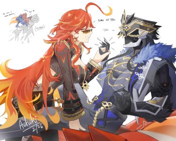 Rule 34 | ..., 1boy, 1girl, absurdres, acheki, ahoge, biker clothes, black bodysuit, black hair, black shirt, bodysuit, breasts, capitano (genshin impact), chain, cleavage, closed eyes, commentary, dated, earrings, english commentary, english text, facing another, fur trim, gauntlets, genshin impact, gold chain, gold trim, grey pants, hand up, helmet, hetero, highres, holding hands, jacket, jewelry, large breasts, long hair, long sleeves, mavuika (genshin impact), motor vehicle, motorcycle, multicolored hair, on motorcycle, open mouth, orange hair, pants, red hair, shirt, signature, sitting, smile, sun earrings, sunglasses, very long hair, white background