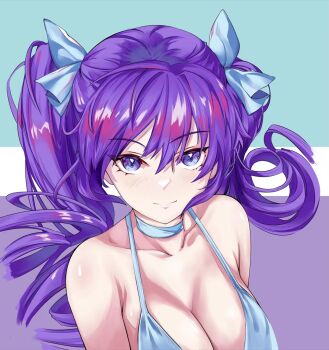 1girl a-soul ava_(a-soul) blue_choker blue_ribbon breasts choker cleavage closed_mouth collarbone commentary_request hair_between_eyes hair_ribbon large_breasts long_hair looking_at_viewer purple_eyes purple_hair ribbon sekishi smile solo upper_body