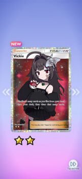 1girl ahoge animal animal_on_head artist_name bandaid bandaid_on_cheek bandaid_on_face black_jacket black_nails black_shirt black_skirt brown_hair bug cable cable_tail character_name choker circuit_board closed_mouth cowboy_shot electric_plug electric_plug_tail english_text fake_screenshot frosmoth gen_8_pokemon hair_intakes hand_up heart heart_choker holding holding_poke_ball insect jacket long_hair looking_at_viewer mechanical_tail miniskirt mole mole_under_eye moth nail_polish nintendo off_shoulder on_head original poke_ball pokemon pokemon_(creature) pokemon_tcg pokemon_tcg_pocket red_eyes shirt skirt sleeveless sleeveless_shirt solo spaghetti_strap spiked_choker spikes standing tail vickie_(cryingrobot) vickie_(cryingrobot)_(character) you_are_an_idiot_(virus)