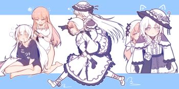 absurdres apron bai_weizi_lingzi black_gloves black_shirt blonde_hair brushing_another's_hair brushing_hair carrying carrying_person closed_eyes dress flower frilled_dress frilled_sleeves frills full_body gloves hat hat_flower highres hikami_meruru letterboxed long_hair long_sleeves mahou_shoujo_no_majo_saiban multiple_views open_mouth piggyback running sequential shirt shoes sitting sleepy smile spoilers standing tsukishiro_yuki veil white_apron white_dress white_flower white_gloves white_hair white_hat white_shoes white_veil