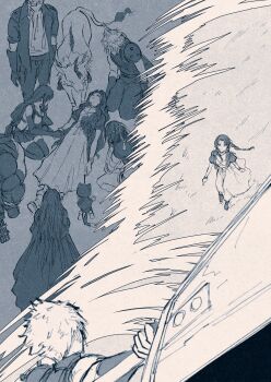 3girls 5boys aerith_gainsborough alternate_universe animal armor bangle barret_wallace black_thighhighs bracelet braid braided_ponytail breasts buster_sword cait_sith_(final_fantasy) cat cid_highwind closed_eyes cloud_strife crop_top dress final_fantasy final_fantasy_vii final_fantasy_vii_rebirth final_fantasy_vii_remake fire flame-tipped_tail forgotten_city from_above full_body greyscale hair_ribbon headband highres holding holding_hands holding_sword holding_weapon jacket jewelry kneeling long_dress long_hair lying medium_breasts miniskirt monochrome multiple_boys multiple_girls on_back parted_bangs pauldrons pulupulupoodle red_xiii ribbon scar scar_across_eye scar_on_face short_hair shoulder_armor sidelocks single_pauldron sketch skirt spiked_hair sword tail thighhighs tifa_lockhart vincent_valentine weapon weapon_on_back yuffie_kisaragi