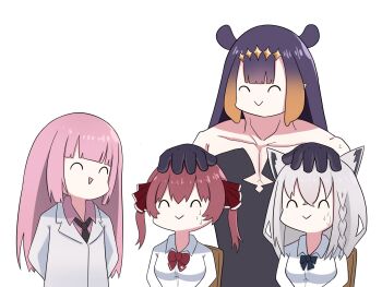 4girls :d ^_^ animal_ear_fluff animal_ears arms_behind_back black_bow black_dress black_gloves bow braid brown_hair chair closed_eyes closed_mouth collarbone collared_shirt commentary dress dress_shirt fong_(fongthe0125) fox_ears gloves gradient_hair grey_hair hair_between_eyes hair_ribbon hand_on_another&#039;s_head highres hololive hololive_english houshou_marine lab_coat long_sleeves mori_calliope multicolored_hair multiple_girls ninomae_ina&#039;nis ninomae_ina&#039;nis_(1st_costume) on_chair open_mouth pink_hair pink_shirt purple_hair red_hair red_ribbon ribbon shirakami_fubuki shirt simple_background smile strapless strapless_dress sweat virtual_youtuber white_background white_shirt