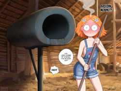 1girl barn blush breasts breeding_mount broom english_text fellatrix female_focus highres loli looking_at_viewer naked_overalls orange_hair original overalls red_hair short_hair small_breasts solo suzie_q suzieq_(fellatrix)