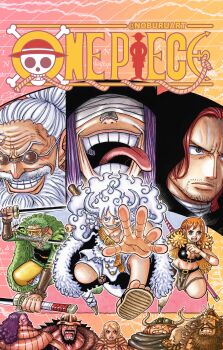 2girls 6+boys absurdres artist_name bandages bandages_over_eyes beard beard_stubble black_hair breasts commentary copyright_name cover english_commentary eyelashes facial_hair fake_cover figarland_shamrock gear_fifth gerd_(one_piece) glasses goldberg_(one_piece) gradient_background green_hair hajrudin helmet highres jaralloart katana large_breasts loki_(one_piece) long_hair looking_at_viewer monkey_d._luffy multiple_boys multiple_girls nami_(one_piece) nami_(one_piece)_(elbaf) oda_eiichirou_(style) one_piece open_mouth orange_eyes orange_hair pink_eyes purple_hair red_hair road_(one_piece) roronoa_zoro scar scar_on_chest scopper_gaban short_hair stansen_(one_piece) stubble sword tongue tongue_out twitter_username weapon white_hair