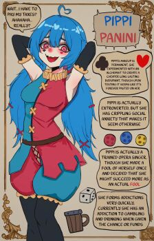 1girl ahoge aqua_hair armpits basedbinkie club_(shape) colored_skin cup dice english_text facepaint frills heart highres jester low_twintails messy_hair mug original pink_skin pippi_panini_(basedbinkie) reference_sheet speech_bubble twintails