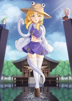 3girls akasaka_sato animal_print blonde_hair blue_skirt blue_sky brown_hat brown_shoes cloud commentary_request dress floating frog_print full_body grass green_hair hair_ribbon hat highres kochiya_sanae lake light_rays long_hair long_sleeves looking_at_viewer midriff_peek miniskirt mishaguji moriya_shrine moriya_suwako multiple_girls navel pillar purple_hair purple_skirt purple_vest red_dress red_ribbon reflection reflective_water ribbon ripples rope scale_print shimenawa shirt shoes shrine sidelocks skirt sky slit_pupils snake stairs standing sunbeam sunlight thighhighs tongue tongue_out touhou tree vest water white_shirt white_snake white_thighhighs yasaka_kanako yellow_eyes zettai_ryouiki