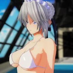 1girl 3d animated bikini blue_eyes bouncing_breasts breasts grey_hair izayoi_sakuya looking_at_viewer medium_breasts mofumoko5 smile solo swimsuit tagme touhou upper_body video
