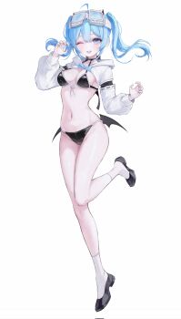 1girl absurdres ahoge ankle_socks arahashi_tabi bikini black_bikini black_shoes black_wings blue_eyes blue_hair breasts commentary corrupted_twitter_file double-parted_bangs floating_hair front-tie_bikini_top front-tie_top goggles goggles_on_head hands_up highres hood hood_down hooded_shrug leg_up legs long_hair long_legs low_wings medium_breasts mini_wings msbnmz navel one_eye_closed open_mouth shoes shrug_(clothing) simple_background smile socks solo standing standing_on_one_leg stellive stomach string_bikini swimsuit twintails virtual_youtuber white_background white_shrug white_socks wings