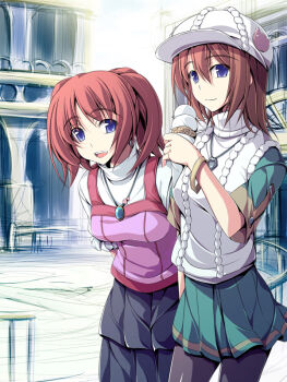 2girls black_dress blue_eyes bracelet brown_hair casual dress eiyuu_densetsu falcom food fran_seeker fuyuwa_kotatsu green_dress hat ice_cream jewelry multiple_girls necklace noel_seeker pantyhose red_hair short_hair siblings sisters skirt smile zero_no_kiseki