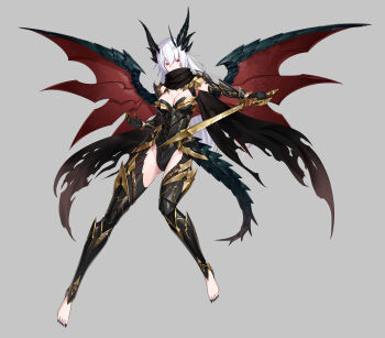 1girl absurdres black_scarf colored_eyelashes commission dragon_girl dragon_horns dragon_tail dragon_wings elbow_gloves fantasy full_body gauntlets gloves grey_background highres holding holding_sword holding_weapon horns looking_at_viewer monster_girl mytea_(soso) nail_polish original red_eyes scarf sharp_toenails skeb_commission solo stirrup_legwear sword tail thighhighs toeless_legwear toenails torn_clothes torn_scarf weapon white_hair wings