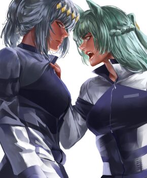 2girls animal_ears blue_eyes braid breasts closed_mouth folded_hair folded_ponytail fujimasa_march_(umamusume) grey_hair hair_between_eyes hair_ornament hairband half_up_half_down_braid highres horse_ears horse_girl jacket kasamatsu_tracen_training_uniform long_hair long_sleeves looking_at_another medium_breasts multicolored_hair multicolored_jacket multiple_girls n10_arts oguri_cap_(umamusume) open_mouth purple_jacket purple_track_suit simple_background teeth track_jacket track_suit two-tone_jacket umamusume umamusume:_cinderella_gray white_background yellow_eyes