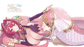 1girl :3 absurdres arcanadea bandeau bare_shoulders blush bracelet breasts bridal_gauntlets circlet cleavage closed_mouth commentary gang233929rg gold_bracelet gold_collar hair_between_eyes hair_intakes highres jewelry lamia large_breasts long_hair looking_at_viewer lying meltina_(arcanadea) monster_girl navel on_side pelvic_curtain pink_eyes pink_hair scales sidelocks simple_background smile solo stomach tail tail_ornament white_background