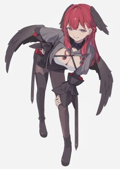 1girl absurdres black_boots black_dress black_romper black_thighhighs black_wings blush boots braid braided_bangs breasts capelet cleavage criss-cross_straps dress ear_chain earrings framed_breasts full_body gem grey_capelet hair_between_eyes hand_on_own_hip head_wings high-waist_shorts highres ichi_(cat_ichibansuki) jewelry konkon_aria large_breasts leaning_forward linked_piercing long_hair long_sleeves looking_at_viewer low-tied_sidelocks neo-porte nun open_mouth pantyhose piercing purple_eyes purple_gemstone red_hair romper shirt shorts sidelocks single_thighhigh smile solo standing teeth thighhighs virtual_youtuber white_background wings