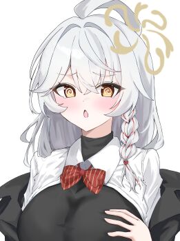 1girl @_@ ahoge aramonn_chan019 black_hat black_shirt blue_archive blush bow bowtie braid breasts brown_eyes chestnut_mouth collared_shirt commentary crossed_bangs diagonal-striped_bow diagonal-striped_bowtie diagonal-striped_clothes dress_shirt embarrassed eri_(blue_archive) furrowed_brow grey_hair hair_between_eyes hair_intakes hair_over_shoulder halo hand_up hat highres huge_ahoge large_breasts long_hair looking_at_viewer no_headwear open_clothes open_mouth open_shirt red_bow red_bowtie shirt simple_background single_braid solo striped_bow striped_bowtie striped_clothes tearing_up tsurime turtleneck turtleneck_shirt upper_body white_background white_shirt yellow_halo