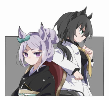 Rule 34 | 2girls, animal ears, beer hsk, black kimono, black shirt, bow, braid, chair, closed mouth, commentary request, crown braid, ear ribbon, green eyes, green ribbon, grey background, hair between eyes, hair bun, horse ears, jacket, japanese clothes, kimono, kin'iro ryotei (umamusume), mejiro mcqueen (umamusume), multiple girls, necktie, obi, on chair, open clothes, open jacket, profile, purple eyes, purple hair, ribbon, sash, shirt, short eyebrows, skirt, thick eyebrows, two-tone background, umamusume, white background, white jacket, white skirt, yellow necktie