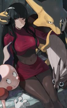 1girl alakazam bent_spoon black_hair blunt_bangs bodysuit breasts commentary covered_navel cropped_jacket gen_1_pokemon gloves hand_up highres j@ck jacket long_hair long_sleeves looking_at_viewer mr._mime nintendo pokemon pokemon_(creature) pokemon_frlg red_eyes red_jacket red_skirt sabrina_(pokemon) sidelocks sitting skirt spoon turtleneck turtleneck_jacket venomoth white_gloves