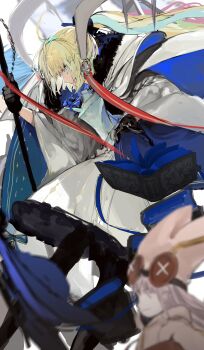 Rule 34 | 2girls, absurdres, aesc (fate), aesc (savior) (fate), ahoge, armor, armored dress, baggy clothes, black fur, black pantyhose, blonde hair, blue bow, blue cape, book, bow, breastplate, button eyes, buttons, cape, chain, chest bow, cloak, coat, dress, fate/grand order, fate (series), fur-trimmed cloak, fur trim, habetrot (fate), hair bow, hat, highres, holding, holding staff, multicolored cloak, multiple girls, pantyhose, pink coat, pink hair, pink hat, pointy ears, ponytail, profile, sidelocks, solo focus, spiked armor, spikes, staff, two-tone sleeves, white cape, white cloak, white dress, yorurokujuu