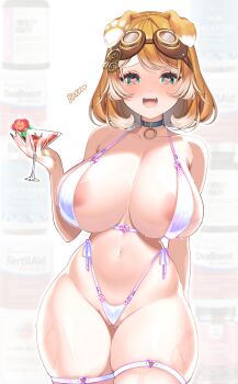 1girl :d absurdres alcohol animal_ears areola_slip barking bikini black_nails blue_collar blush bonnie_barkswell breasts cameltoe cocktail cocktail_glass collar colored_tips cowboy_shot cup curvy dog_ears dog_girl drink drinking_glass fang flower gear_hair_ornament globie goggles goggles_on_head green_eyes heart heart-shaped_pupils highleg highleg_bikini highres holding holding_cup huge_breasts looking_at_viewer micro_bikini multicolored_hair myth1carts navel nose_blush o-ring o-ring_bikini o-ring_collar open_mouth orange_hair short_hair side-tie_bikini_bottom simple_background skindentation smile solo stomach sweat swept_bangs swimsuit symbol-shaped_pupils thigh_strap thighs virtual_youtuber white_background white_bikini white_hair