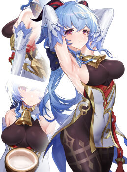 1girl ahoge armpits arms_behind_head arms_up back_bow bare_shoulders bareback bell black_pantyhose blue_hair bow breasts closed_mouth coconut cowbell curled_horns detached_collar detached_sleeves flower_knot ganyu_(genshin_impact) genshin_impact hair_between_eyes highres horns large_breasts leotard long_hair long_sleeves looking_at_viewer multiple_views pantyhose pelvic_curtain purple_eyes puuy8282 sideboob sidelocks standing tassel