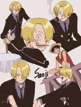 Rule 34 | 2boys, bandaid, bandaid on face, black suit, blonde hair, blue shirt, bottle, character name, cigarette, commentary, curly eyebrows, facial hair, formal clothes, goatee, hair over one eye, hat, highres, holding, holding bottle, male focus, monkey d. luffy, multiple boys, one piece, only op2024, red shirt, sanji (one piece), shirt, simple background, sleeveless, sleeveless shirt, smoke, straw hat, striped clothes, striped shirt, suit, symbol-only commentary, vertical-striped clothes, vertical-striped shirt, white background