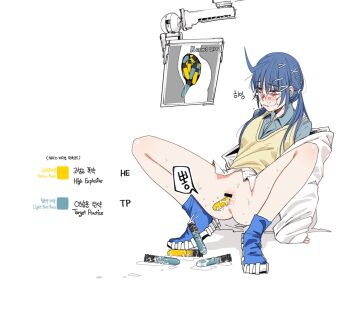 1girl 20x30mm_lv 20x30mm_lv_heab_k167 20x30mm_lv_p_k168 airburst_round ammunition ammunition_focus anti-materiel_cartridge anus bar_censor blue_footwear blue_hair blue_shirt blush bottomless bright_pupils cannon_cartridge censored coat collared_shirt explosive fragmentation_grenade fragmentation_warhead full_body girls'_frontline grenade grenade_cartridge hair_ornament hairpin high-explosive_airburst_round high-explosive_cartridge huqu k11_(girls'_frontline) korean_text leaning_back long_hair military_cartridge monitor object_insertion practice_round precision-guided_munition pussy pussy_juice red_hair shirt smart_grenade solo squatting subsonic_ammunition vaginal vaginal_object_insertion white_coat x-ray