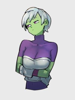 1girl arms_under_breasts bodysuit breasts cheelai colored_skin dragon_ball dragon_ball_super gloves green_skin grey_background kemachiku looking_to_the_side medium_breasts pink_eyes purple_bodysuit red_eyes short_hair short_sleeves simple_background solo turtleneck upper_body white_gloves white_hair