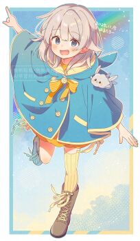 blue_cloak blue_eyes blue_sky boots bow bowtie brown_boots child cloak commission dated far_tarooo highres looking_at_viewer open_mouth orange_bow orange_bowtie original pointing rainbow short_hair signature skeb_commission sky socks solo watermark white_hair yellow_socks