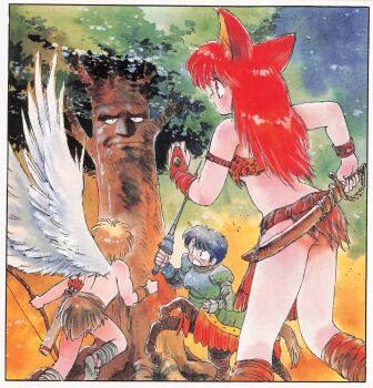 animal_ears animal_print armlet armor arrow_(projectile) ass black_hair blonde_hair border bow_(weapon) bracelet bridal_gauntlets cat_ears centaur copyright_request feathered_wings holding holding_bow_(weapon) holding_sword holding_weapon hooves jewelry lance leopard_print long_hair monster_boy multiple_legs no_panties polearm profile quiver red_eyes red_hair retro_artstyle sheath sheathed short_hair standing sword taur topless_male treant tree tsuzuki_kazuhiko weapon white_border white_wings wings