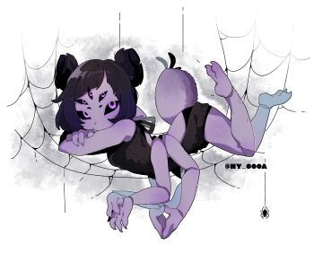 Rule 34 | 1girl, absurdres, arthropod girl, colored sclera, colored skin, double bun, extra arms, fangs, full body, hair bun, highres, insect girl, lying, monster girl, muffet, ny 000a, purple eyes, purple skin, silk, simple background, skin fangs, smile, spider girl, spider web, sweater, tail, undertale, utdr (toby fox)