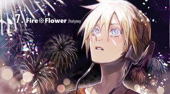 1boy blonde_hair blue_eyes chromatic_aberration commentary_request fire_flower_(vocaloid) fireworks headphones highres kagamine_len male_focus orange_shirt parted_lips portrait profile revision shirt solo soyaka tearing_up vocaloid