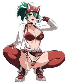 1girl absurdres bra breasts brown_eyes cleavage commission green_hair highres jacket kiriko_(overwatch) large_breasts looking_at_viewer ofuda open_mouth overwatch panties ponytail red_bra red_panties red_thighhighs simple_background smile solo squatting thighhighs underwear white_background white_jacket zuyu_(zuyuzuyu6)