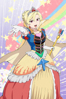 1girl blonde_hair cape commentary_request dress earrings elbow_gloves gloves gown hair_bun highres himitsu_sentai_gorenger holding holding_scepter jewelry long_dress looking_at_viewer medici_collar open_mouth original personification pink_eyes puffy_short_sleeves puffy_sleeves rainbow reaching reaching_towards_viewer scepter short_sleeves silver_tiara single_hair_bun smile solo standing star_(symbol) star_earrings super_sentai tiara ueyama_michirou white_gloves yellow_cape