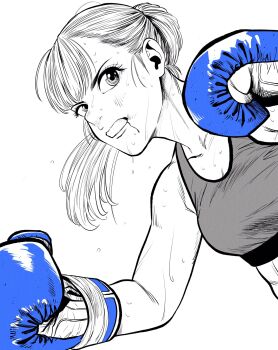 1girl abs blood blood_from_mouth blue_gloves boxing boxing_gloves breasts commentary_request gloves greyscale highres lee_(dragon_garou) medium_breasts midriff monochrome mouth_guard original ponytail solo sports_bra spot_color sweat toned toned_female upper_body